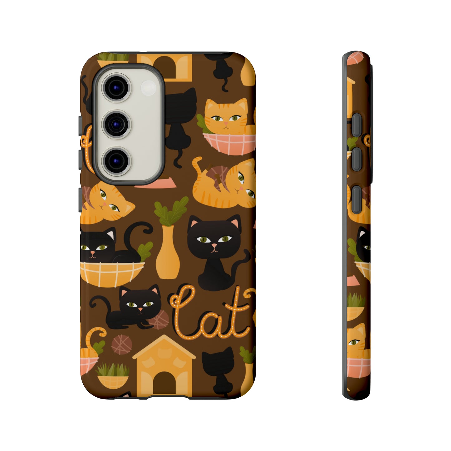 Premium-quality tough protective phone cases for iPhone, Samsung and Google - Brown With Cute Black and Orange Cats