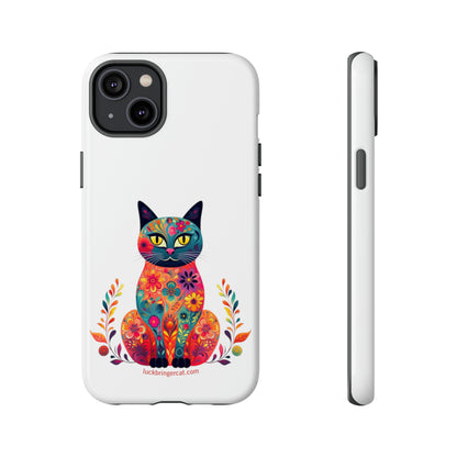 Phone Case for Cat Lovers- iPhone, Samsung Galaxy, Google Pixel- Colorful Floral Cat-White-Graphic