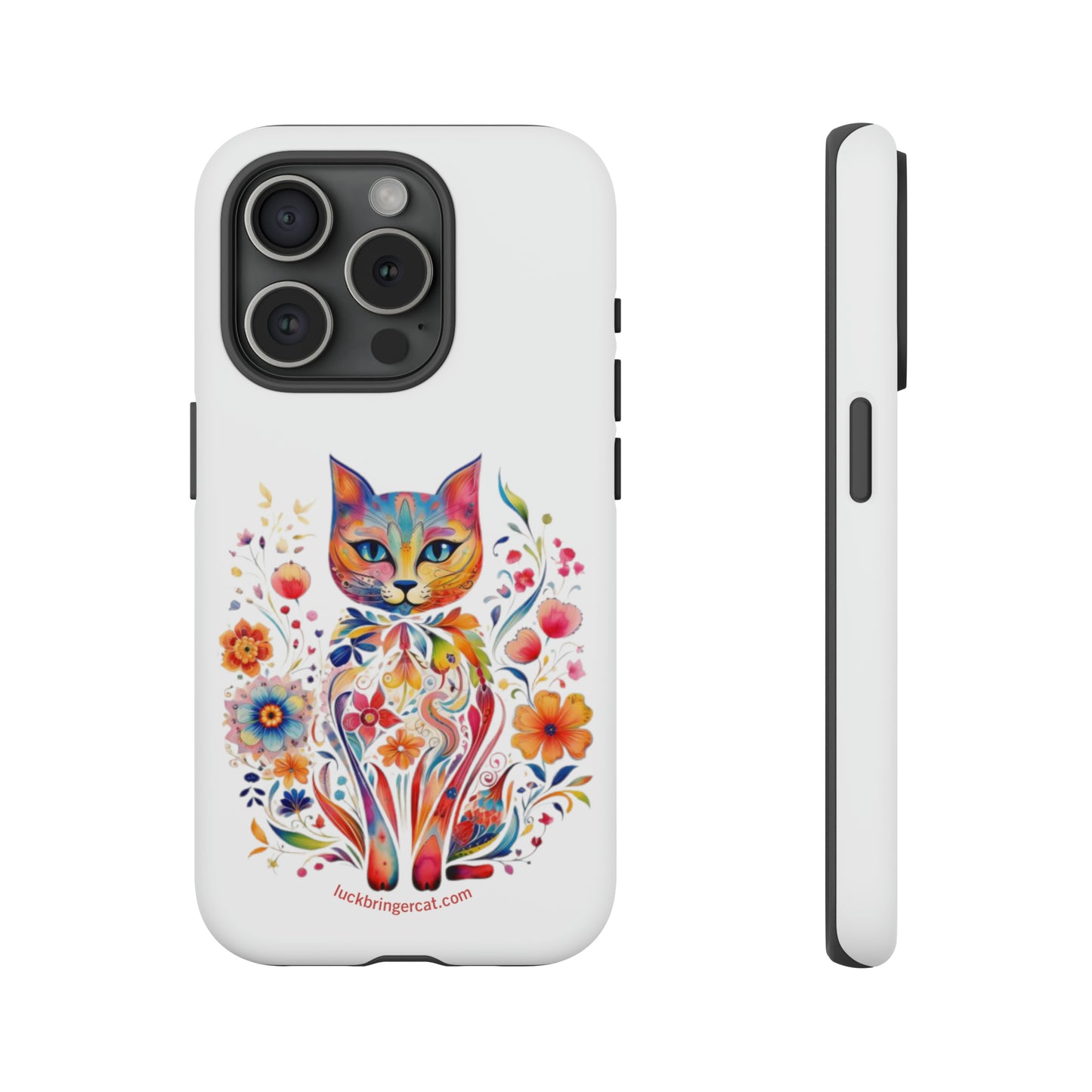 Phone Case for Cat and Flower Lovers- iPhone, Samsung Galaxy, Google Pixel- Colorful Floral Cat-White