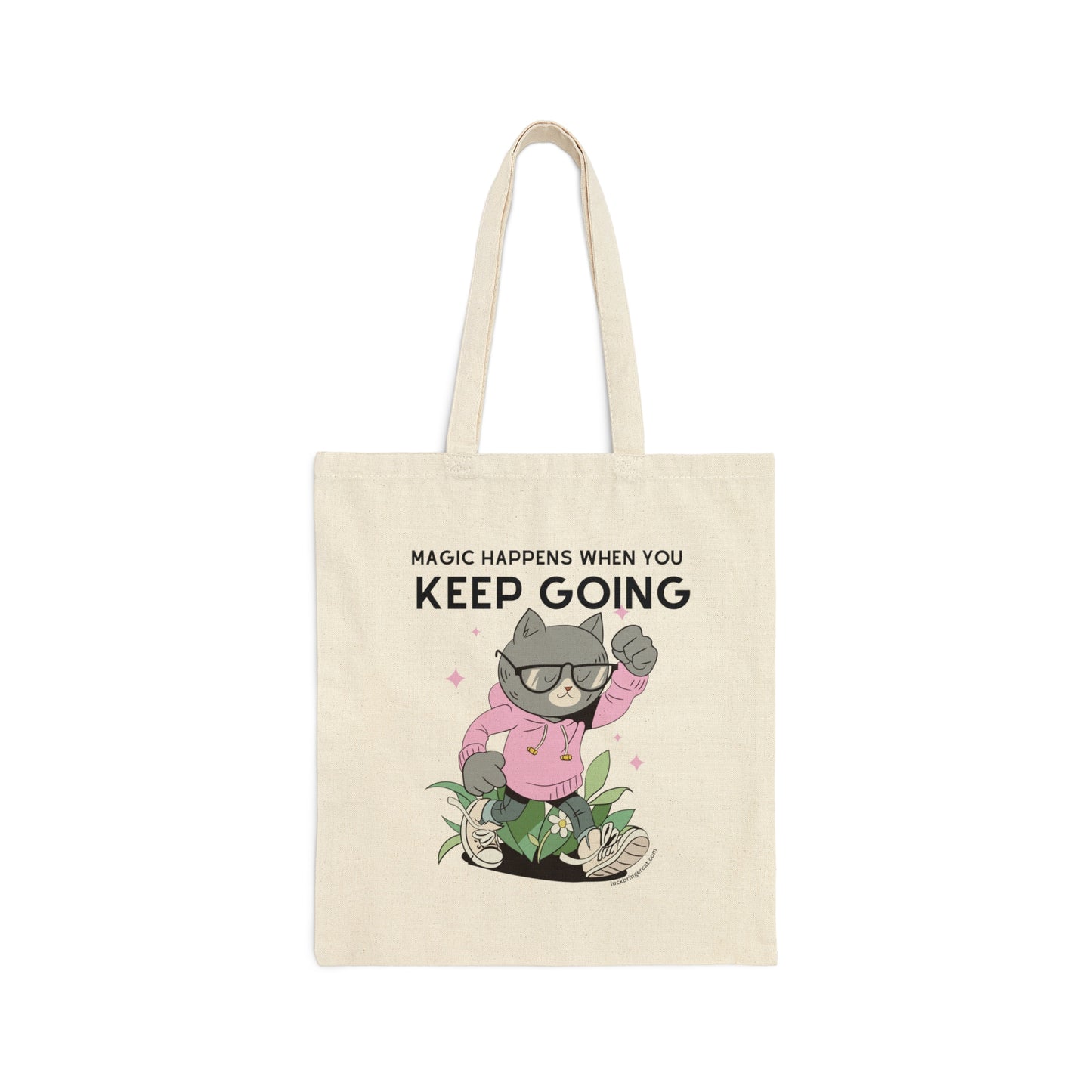 Inspirational motivational Gift for men, women, boys and girls. Cotton Tote Bag for Cat Lovers - Magic Happens When you Keep Going- a perfect gift for university students or school students.