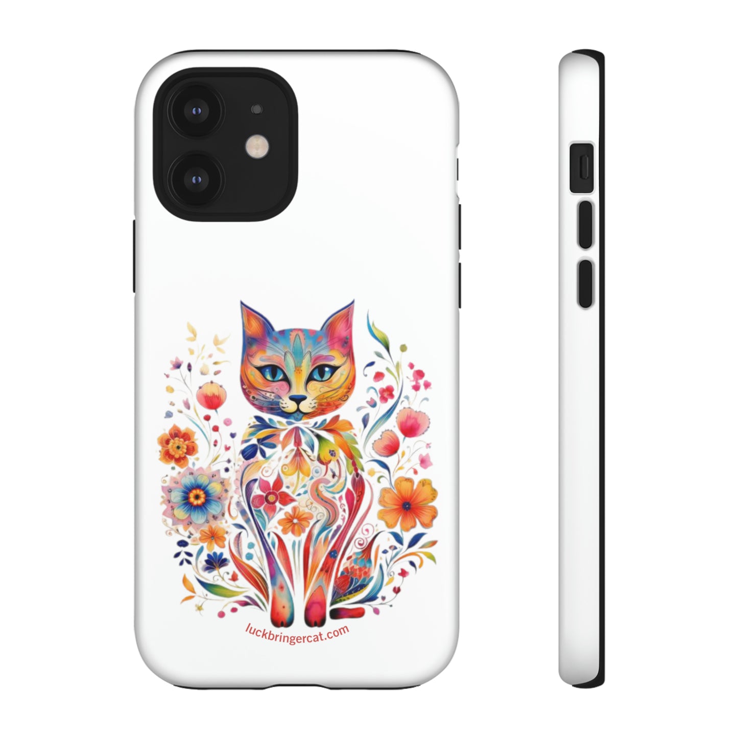 Phone Case for Cat and Flower Lovers- iPhone, Samsung Galaxy, Google Pixel- Colorful Floral Cat-White