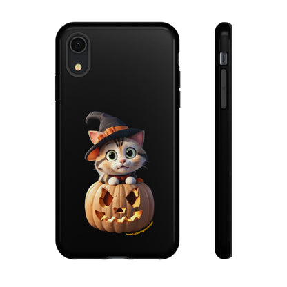 Premium-quality tough protective phone cases for iPhone and Samsung - Halloween Pumpkin Cat - Black