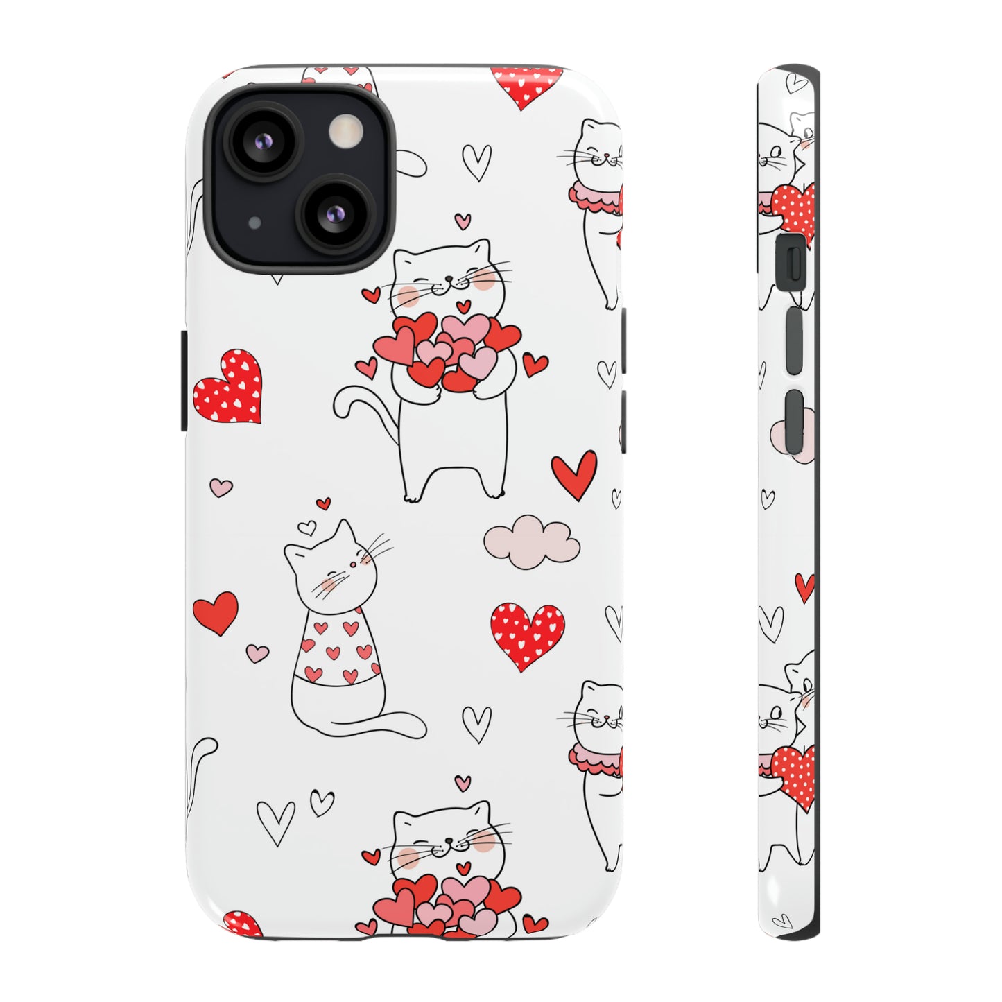 Premium-quality tough protective phone cases for iPhone, Samsung and Google - White With Cute Cartoon Cats and Red Hearts