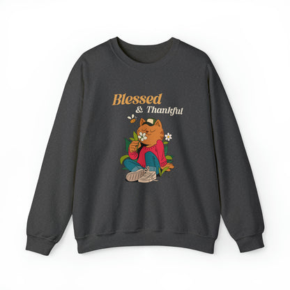 Graphic Thanksgiving Sweatshirt - Blessed and Thankful Cat