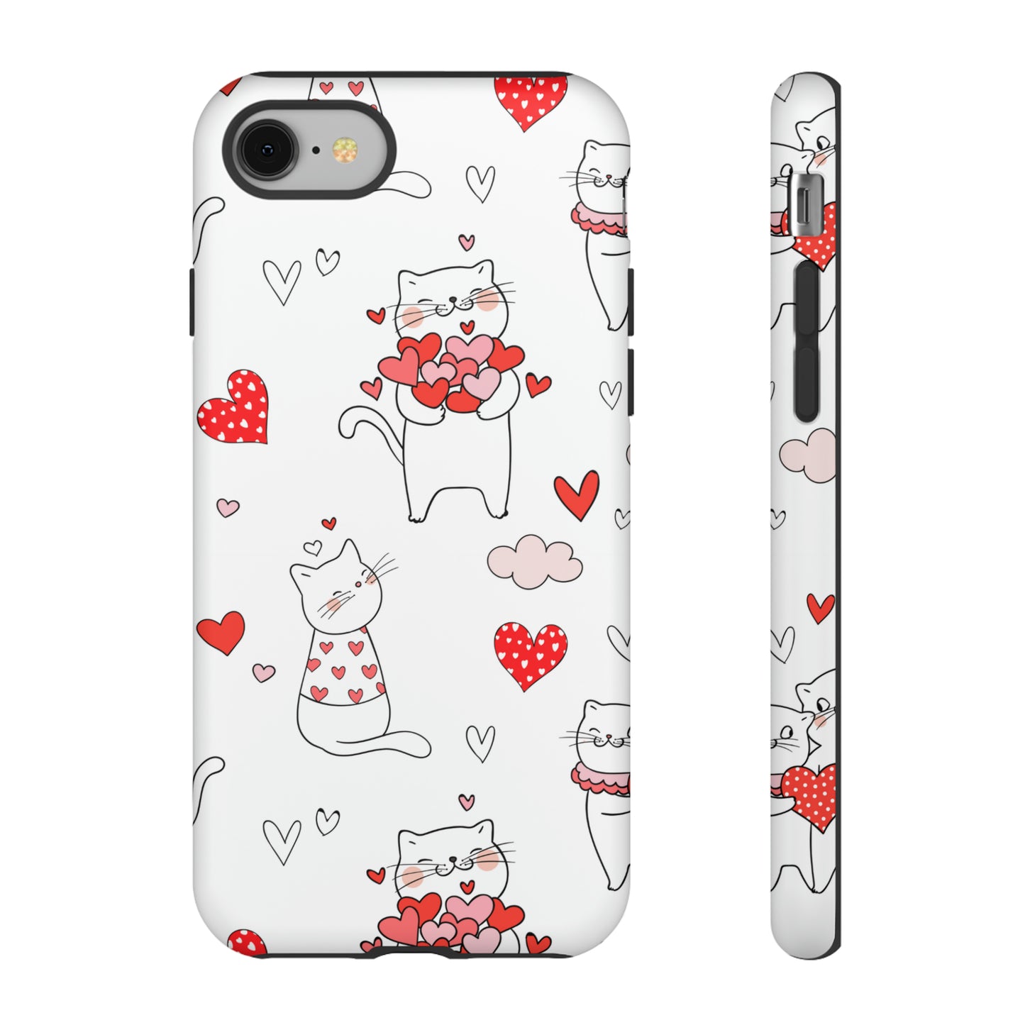 Premium-quality tough protective phone cases for iPhone, Samsung and Google - White With Cute Cartoon Cats and Red Hearts