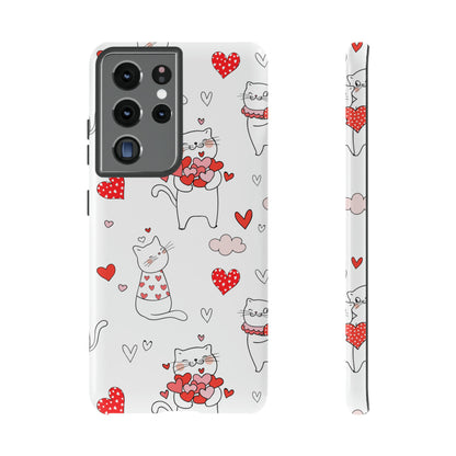 Premium-quality tough protective phone cases for iPhone, Samsung and Google - White With Cute Cartoon Cats and Red Hearts