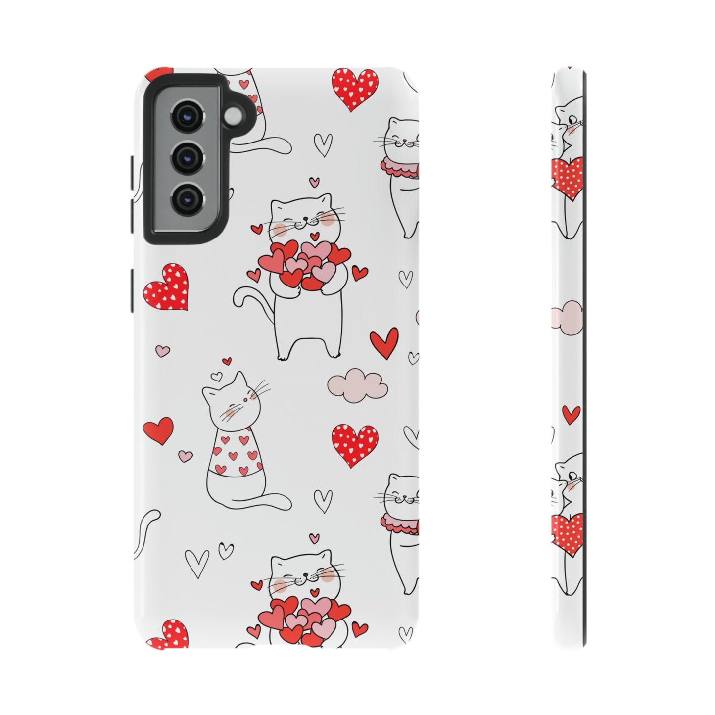 Premium-quality tough protective phone cases for iPhone, Samsung and Google - White With Cute Cartoon Cats and Red Hearts