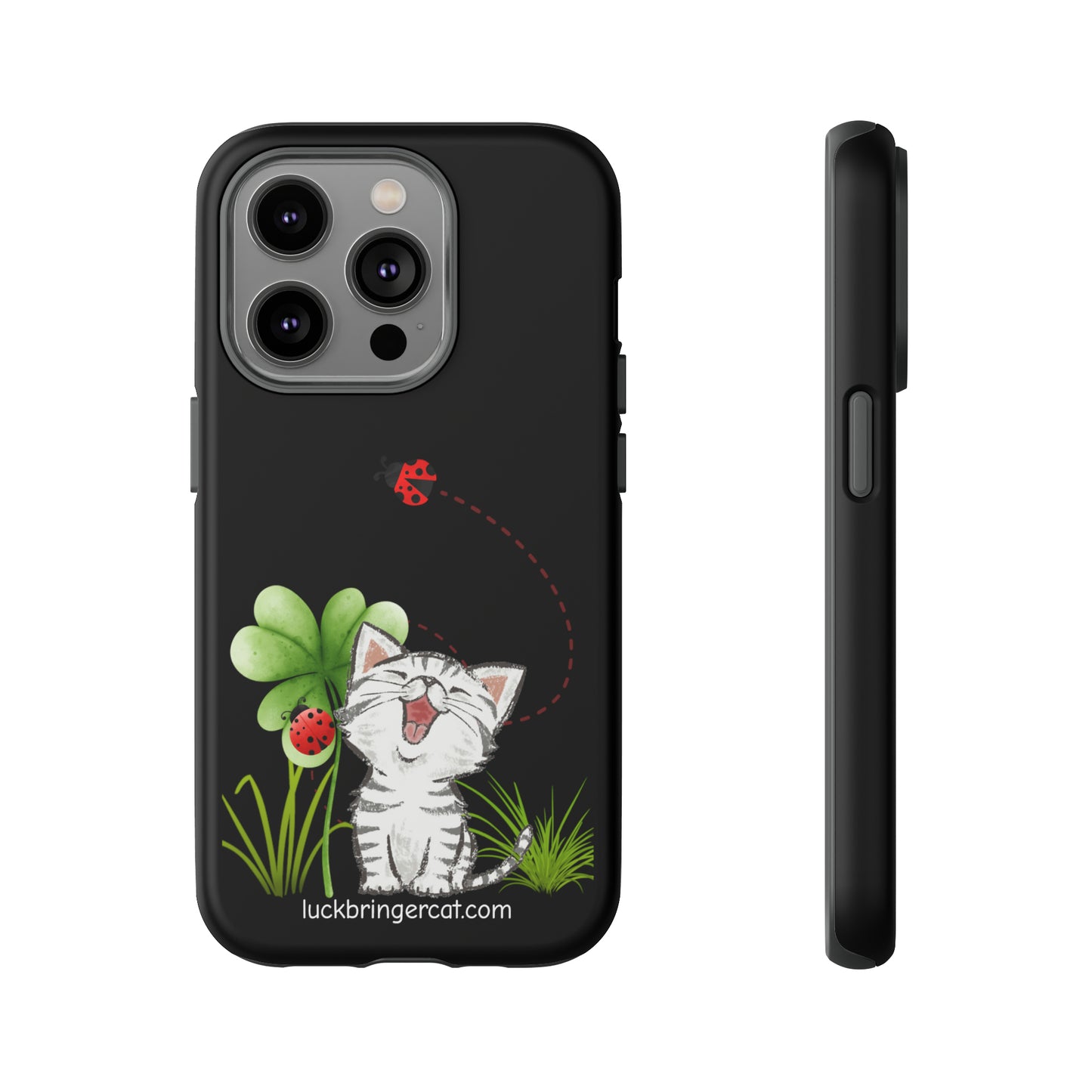 Cute Happy Cat Phone Case- iPhone, Samsung Galaxy, Google Pixel- Black- Lucky Clover Ladybug