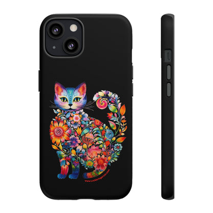 Floral Cat Lovers Phone case- iPhone, Samsung Galaxy, Google Pixel- Black-Tough-Premium Quality