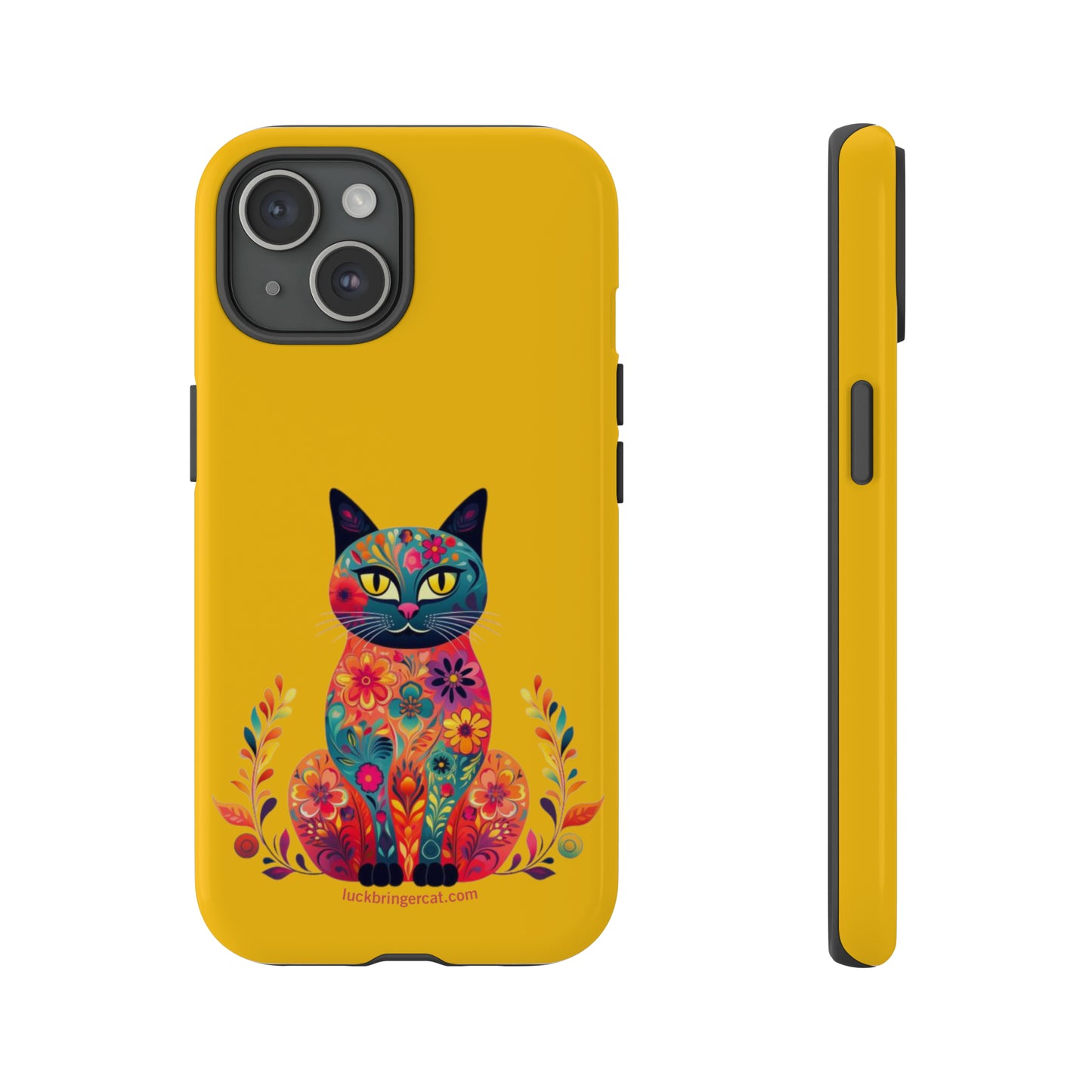 Phone Case for Cat Lovers- iPhone, Samsung Galaxy, Google Pixel- Colorful Floral Cat-Yellow-Graphic