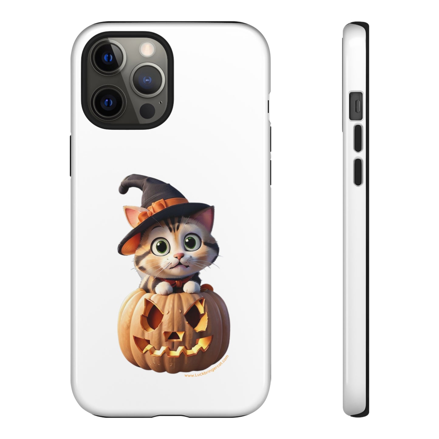 Premium-quality tough protective phone cases for iPhone and Samsung - Halloween Cat - White