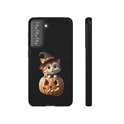 Premium-quality tough protective phone cases for iPhone and Samsung - Halloween Pumpkin Cat - Black