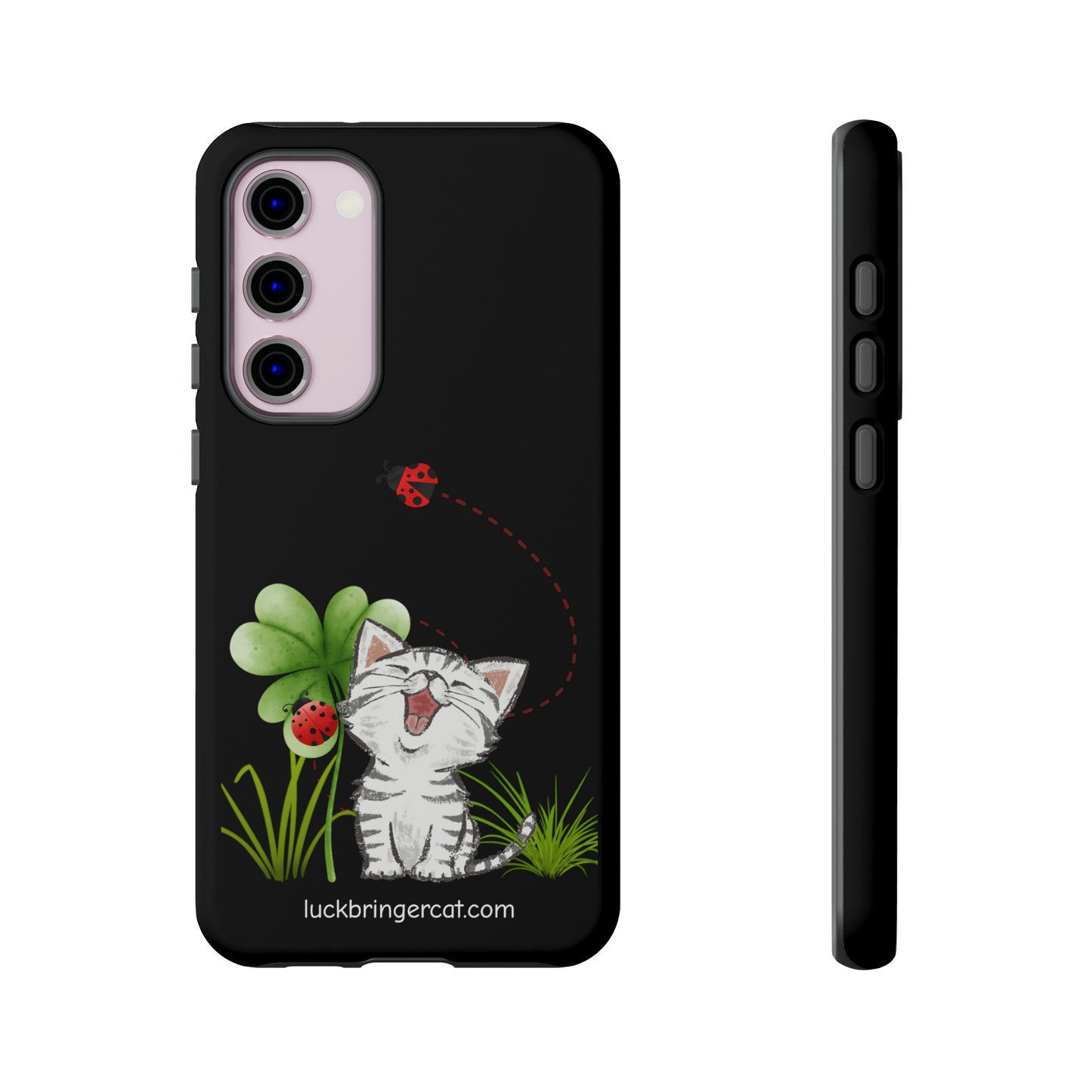 Cute Happy Cat Phone Case- iPhone, Samsung Galaxy, Google Pixel- Black- Lucky Clover Ladybug