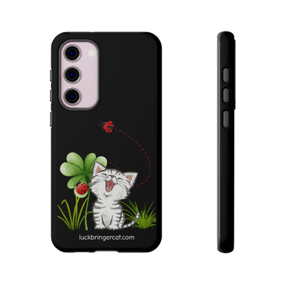 Cute Happy Cat Phone Case- iPhone, Samsung Galaxy, Google Pixel- Black- Lucky Clover Ladybug