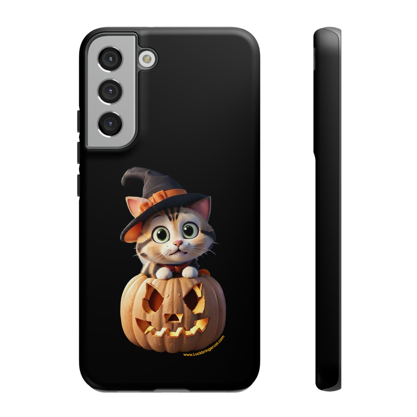 Premium-quality tough protective phone cases for iPhone and Samsung - Halloween Pumpkin Cat - Black