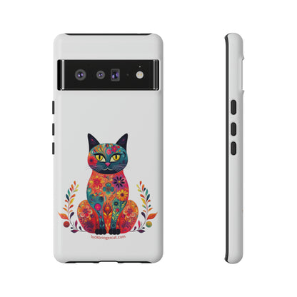 Phone Case for Cat Lovers- iPhone, Samsung Galaxy, Google Pixel- Colorful Floral Cat-White-Graphic