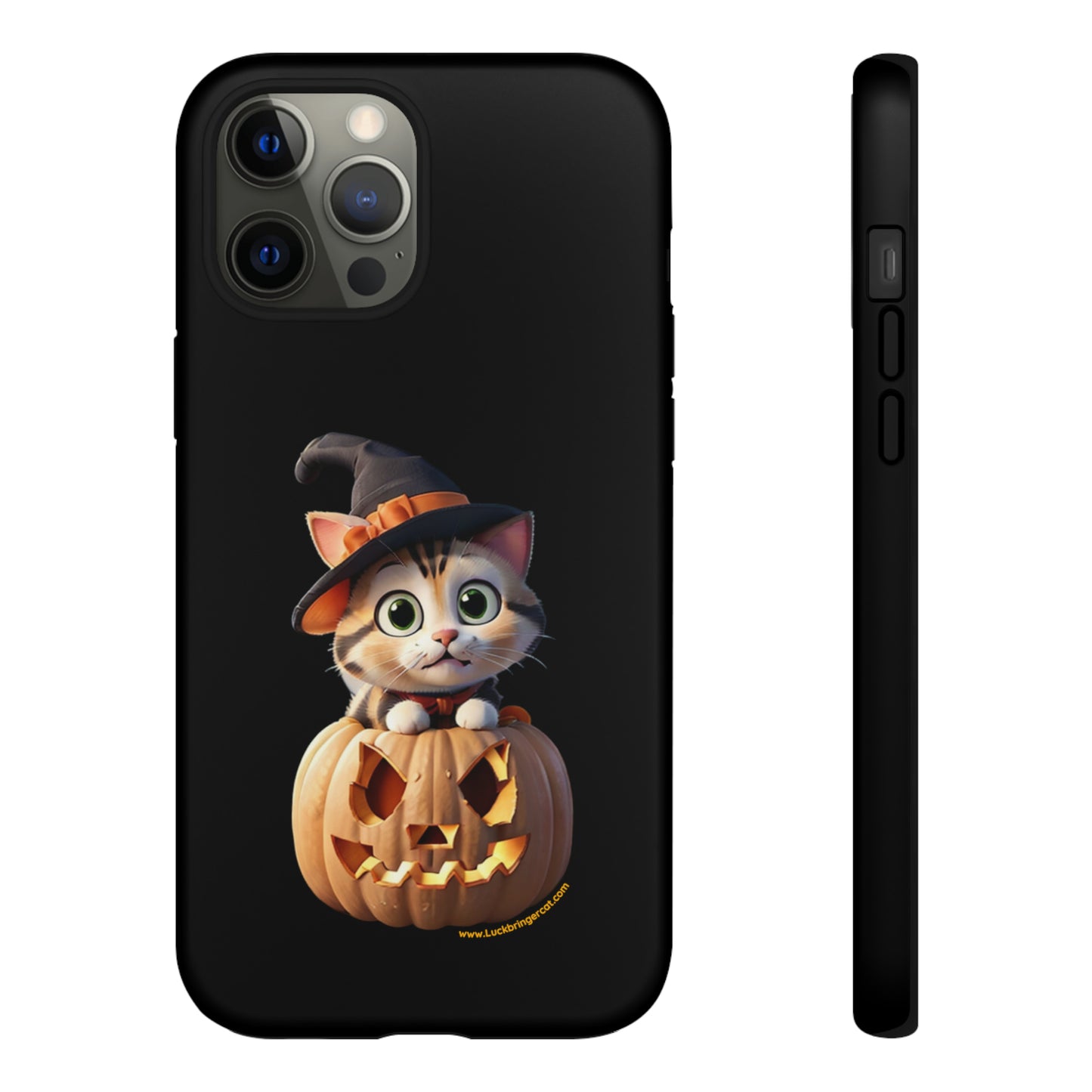 Premium-quality tough protective phone cases for iPhone and Samsung - Halloween Pumpkin Cat - Black