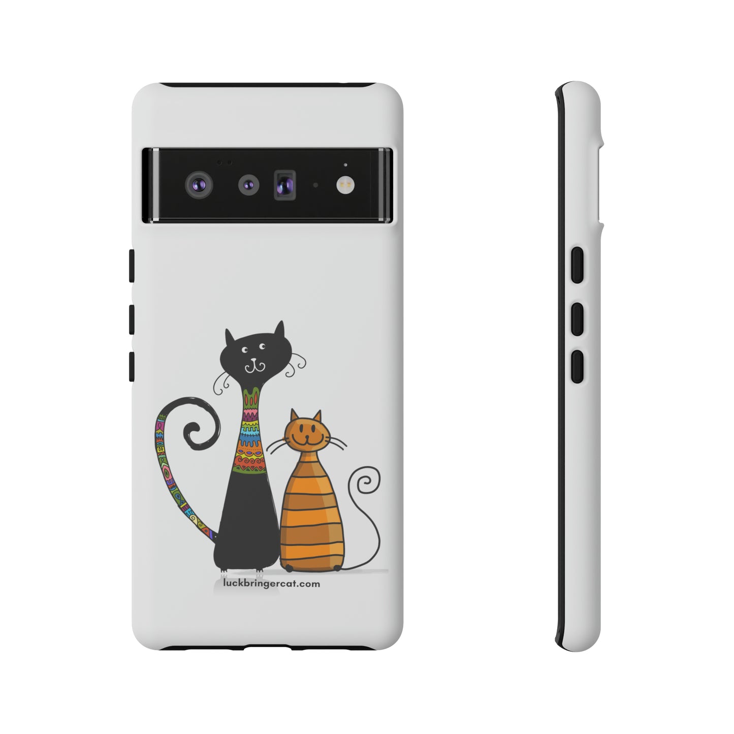 Funny Phone Case for Cat Lovers- iPhone, Samsung Galaxy and Google Pixel- White With Cute Black and Orange Cats