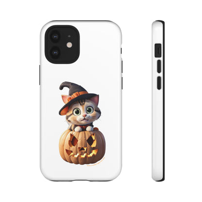 Premium-quality tough protective phone cases for iPhone and Samsung - Halloween Cat - White