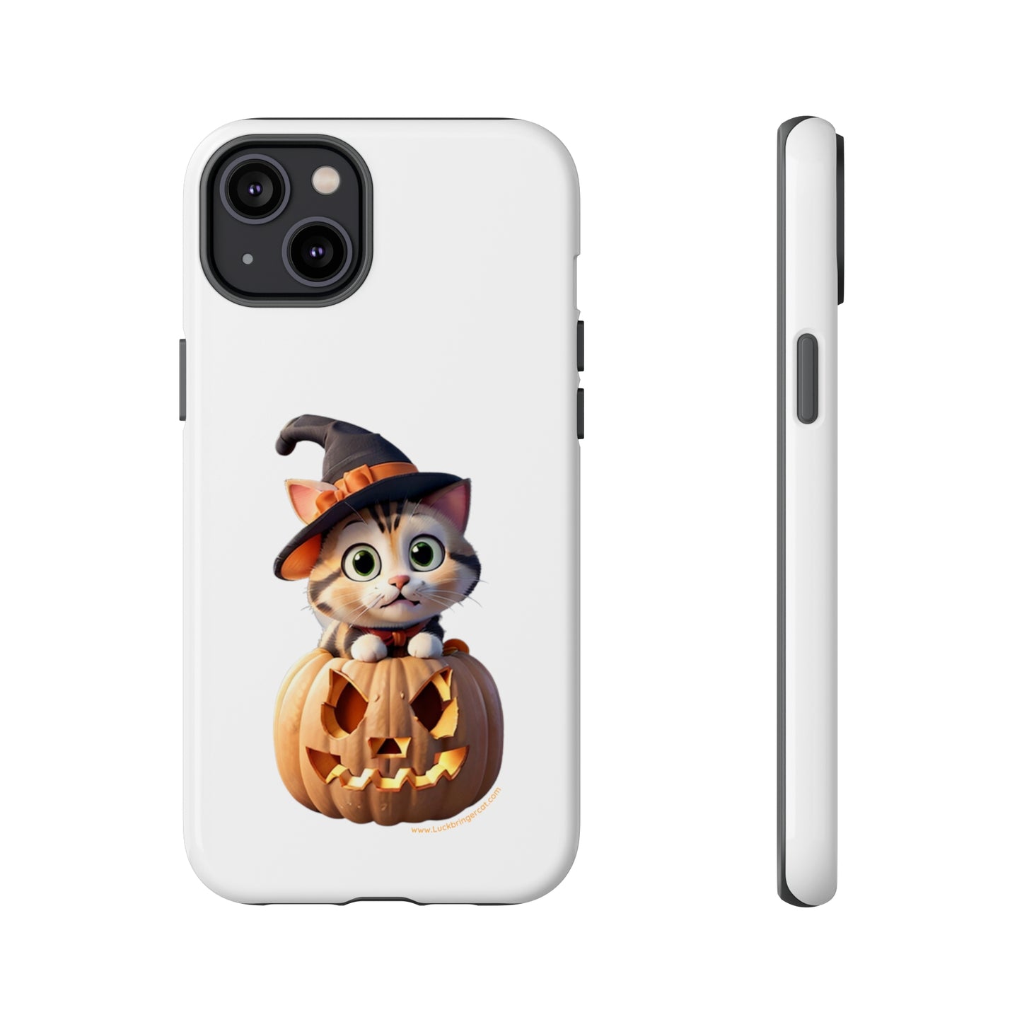 Premium-quality tough protective phone cases for iPhone and Samsung - Halloween Cat - White