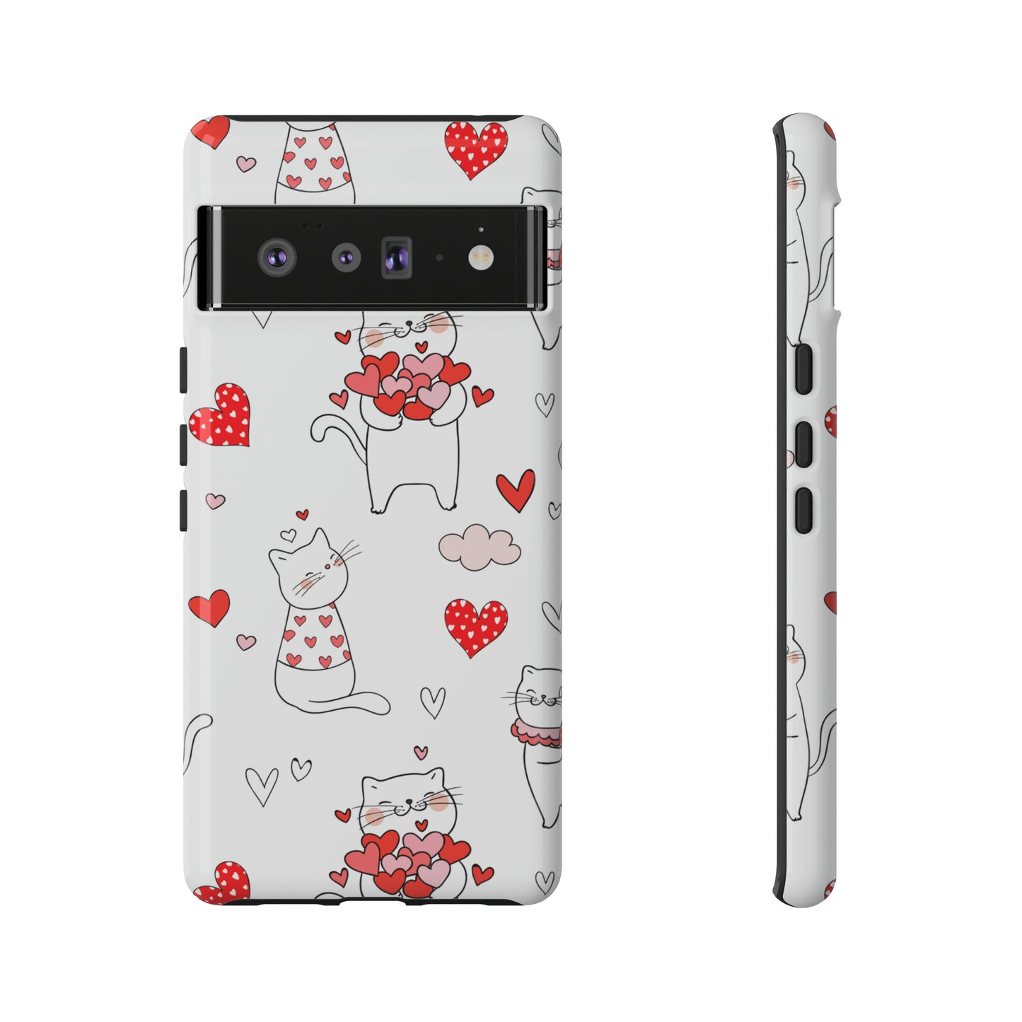 Premium-quality tough protective phone cases for iPhone, Samsung and Google - White With Cute Cartoon Cats and Red Hearts