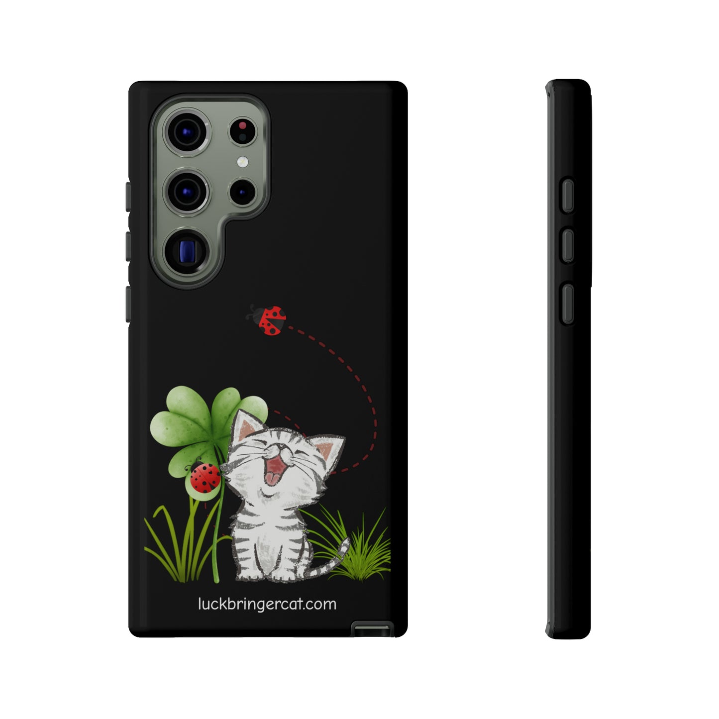 Cute Happy Cat Phone Case- iPhone, Samsung Galaxy, Google Pixel- Black- Lucky Clover Ladybug