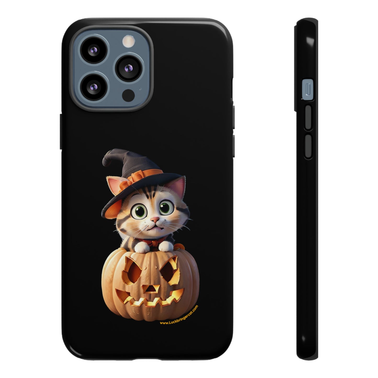 Premium-quality tough protective phone cases for iPhone and Samsung - Halloween Pumpkin Cat - Black