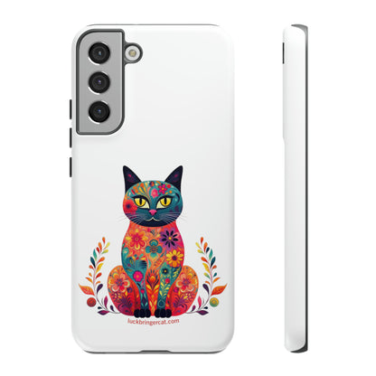 Phone Case for Cat Lovers- iPhone, Samsung Galaxy, Google Pixel- Colorful Floral Cat-White-Graphic