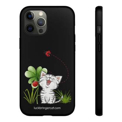 Cute Happy Cat Phone Case- iPhone, Samsung Galaxy, Google Pixel- Black- Lucky Clover Ladybug