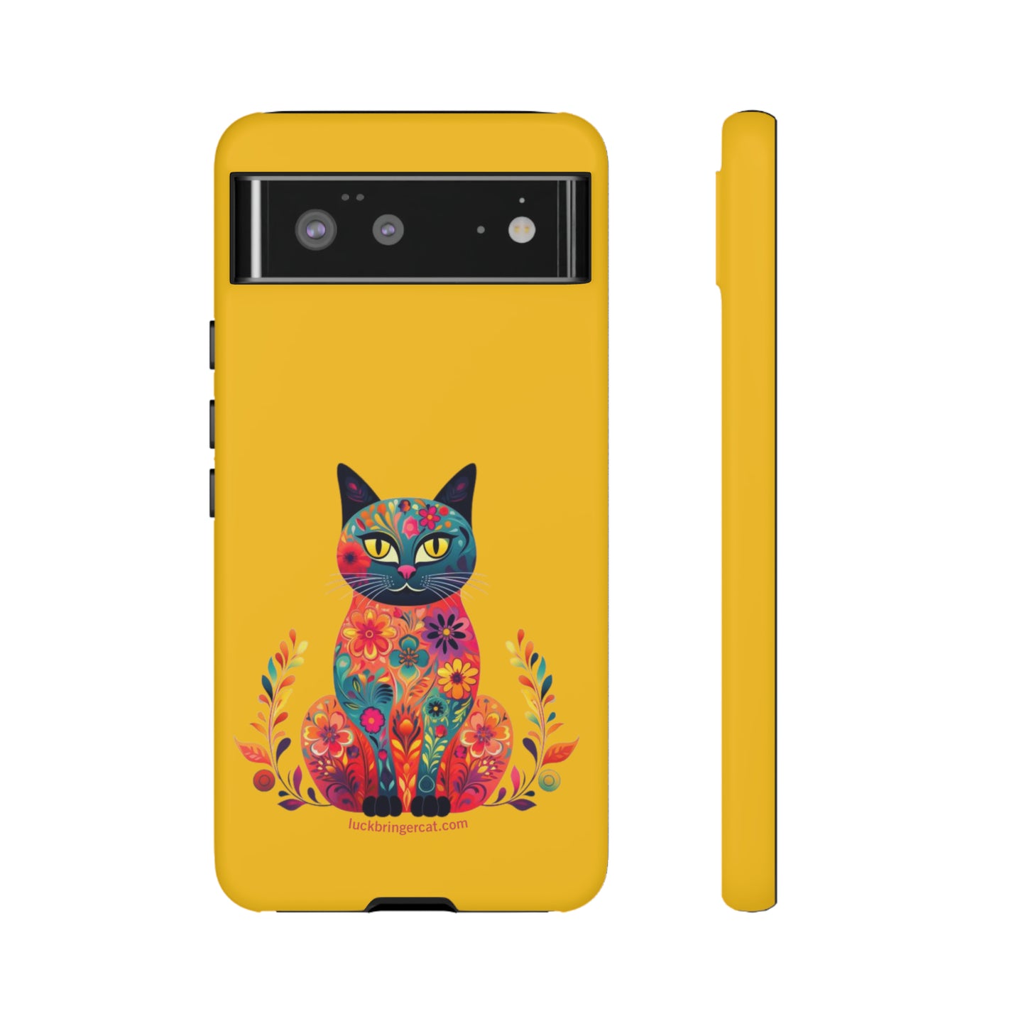 Phone Case for Cat Lovers- iPhone, Samsung Galaxy, Google Pixel- Colorful Floral Cat-Yellow-Graphic