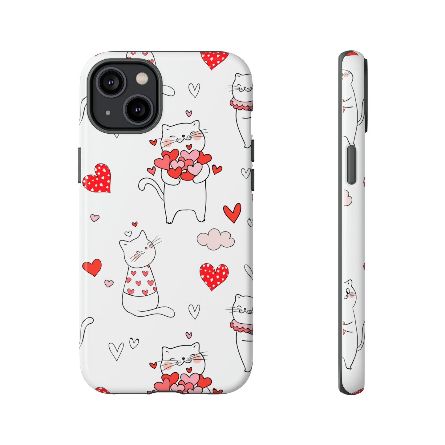 Premium-quality tough protective phone cases for iPhone, Samsung and Google - White With Cute Cartoon Cats and Red Hearts