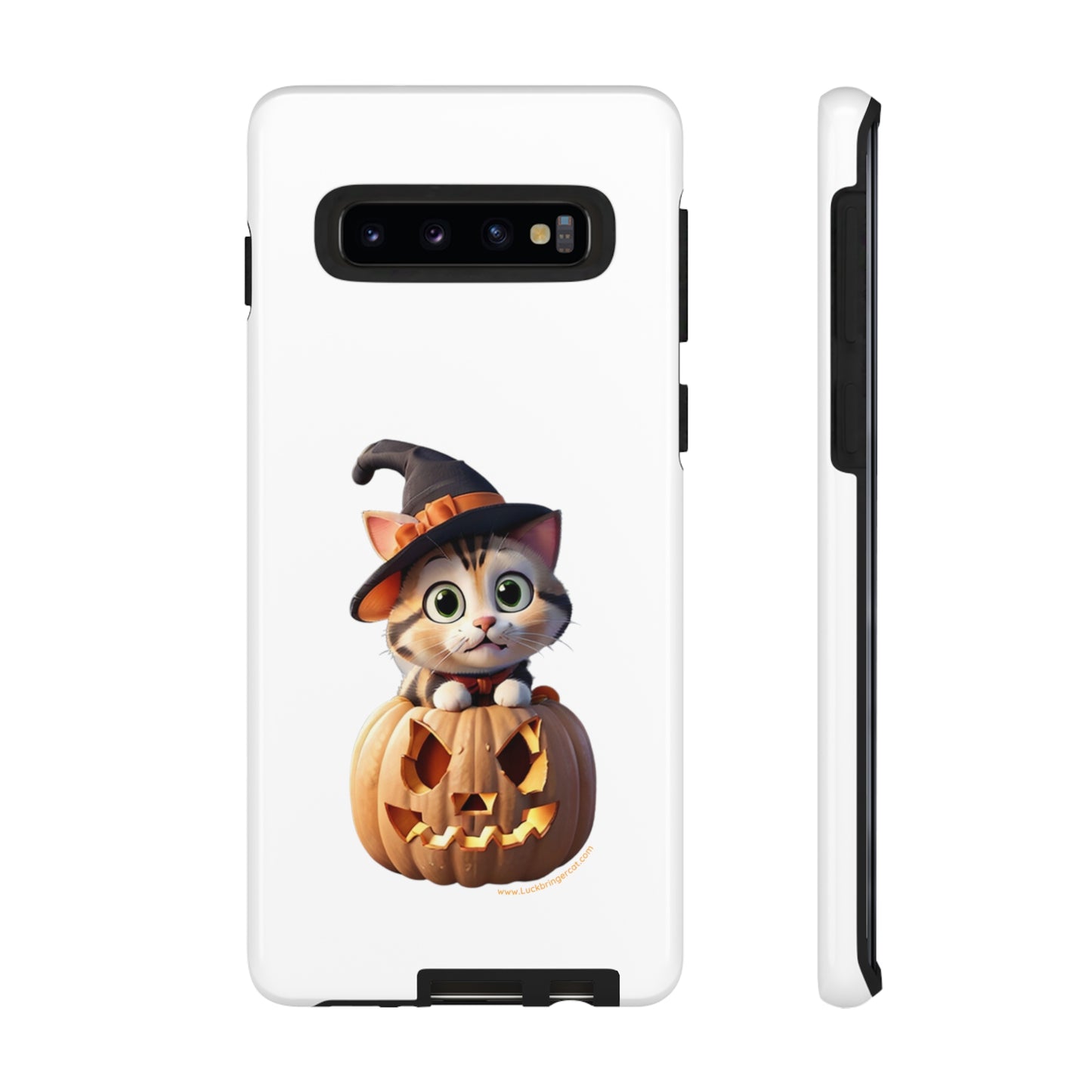 Premium-quality tough protective phone cases for iPhone and Samsung - Halloween Cat - White