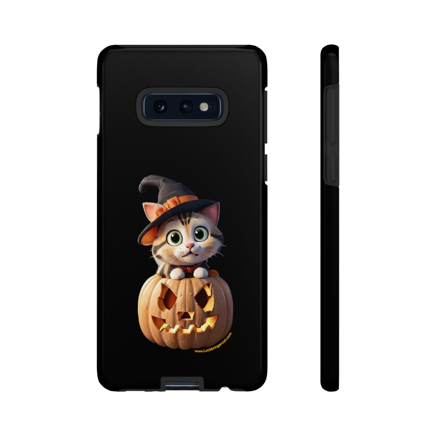 Premium-quality tough protective phone cases for iPhone and Samsung - Halloween Pumpkin Cat - Black