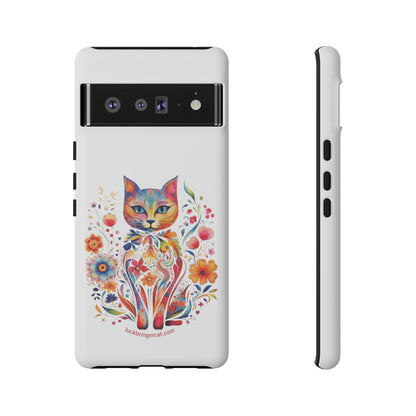 Phone Case for Cat and Flower Lovers- iPhone, Samsung Galaxy, Google Pixel- Colorful Floral Cat-White