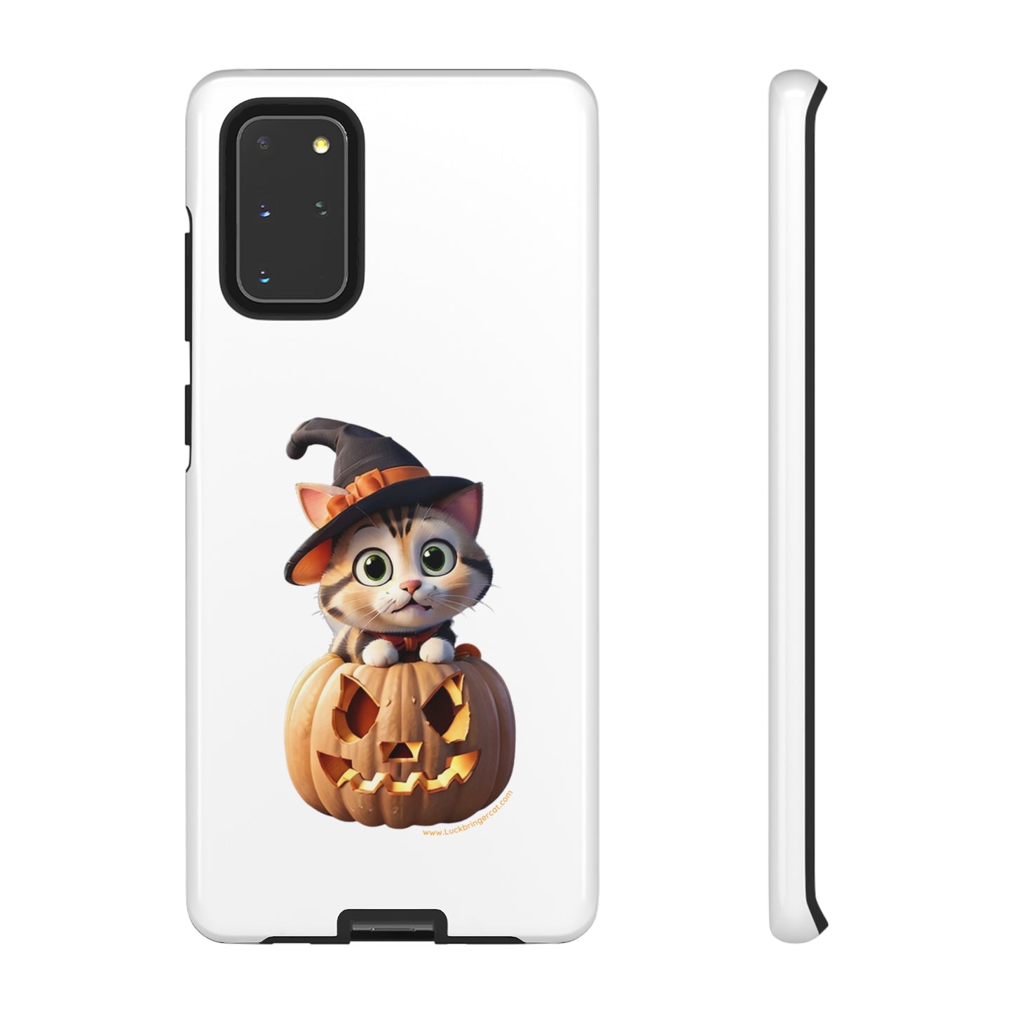 Premium-quality tough protective phone cases for iPhone and Samsung - Halloween Cat - White