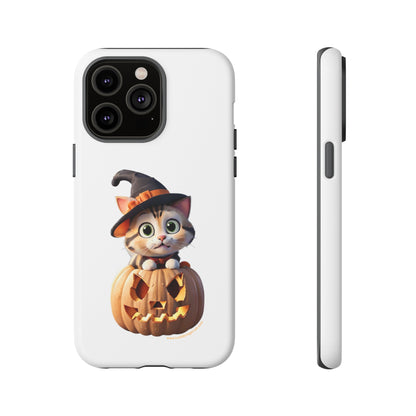 Premium-quality tough protective phone cases for iPhone and Samsung - Halloween Cat - White