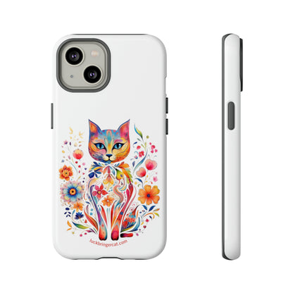 Phone Case for Cat and Flower Lovers- iPhone, Samsung Galaxy, Google Pixel- Colorful Floral Cat-White