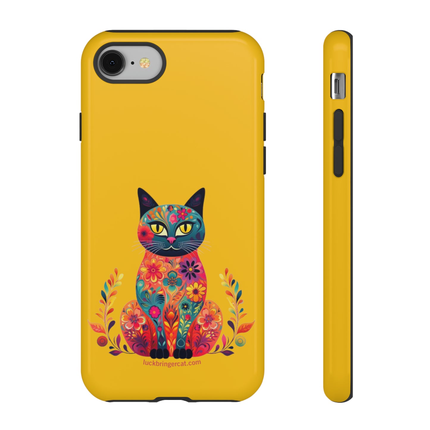 Phone Case for Cat Lovers- iPhone, Samsung Galaxy, Google Pixel- Colorful Floral Cat-Yellow-Graphic