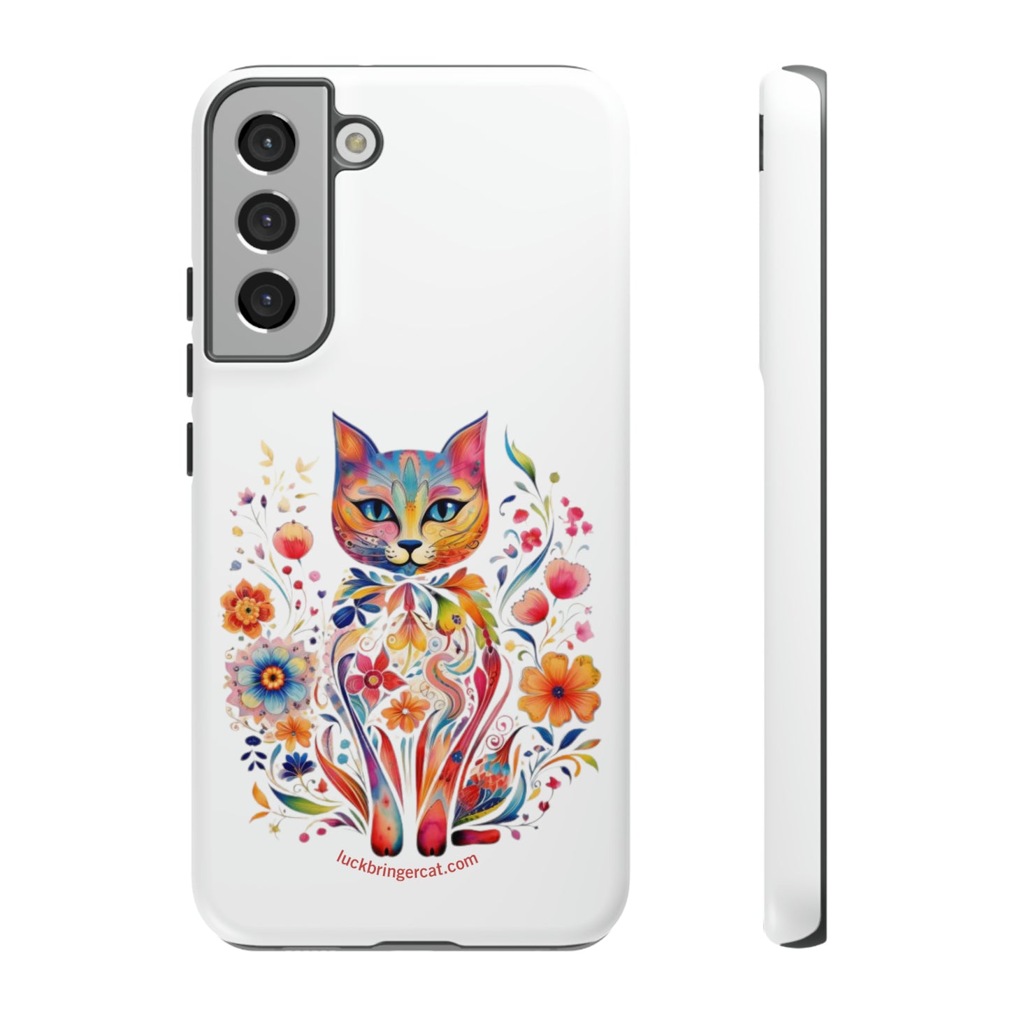 Phone Case for Cat and Flower Lovers- iPhone, Samsung Galaxy, Google Pixel- Colorful Floral Cat-White