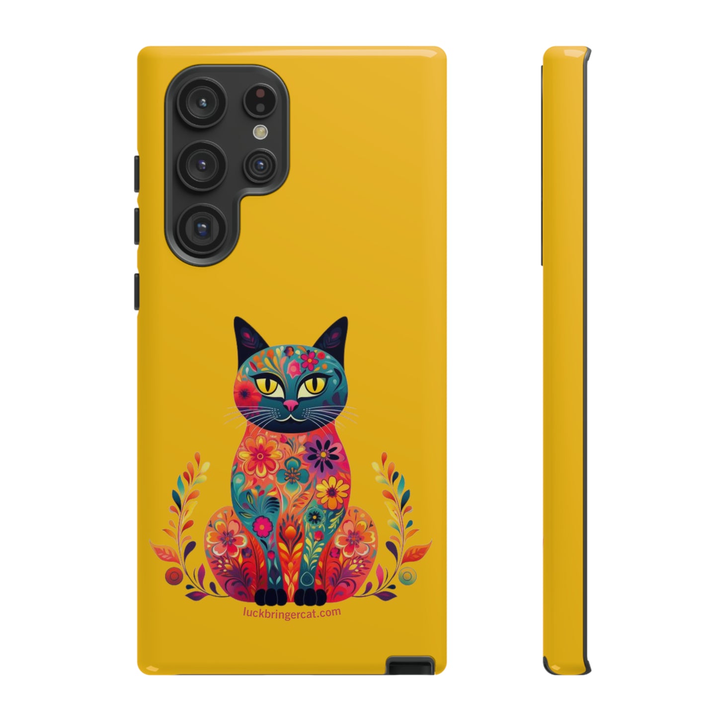 Phone Case for Cat Lovers- iPhone, Samsung Galaxy, Google Pixel- Colorful Floral Cat-Yellow-Graphic