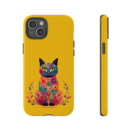 Phone Case for Cat Lovers- iPhone, Samsung Galaxy, Google Pixel- Colorful Floral Cat-Yellow-Graphic