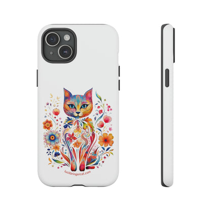 Phone Case for Cat and Flower Lovers- iPhone, Samsung Galaxy, Google Pixel- Colorful Floral Cat-White