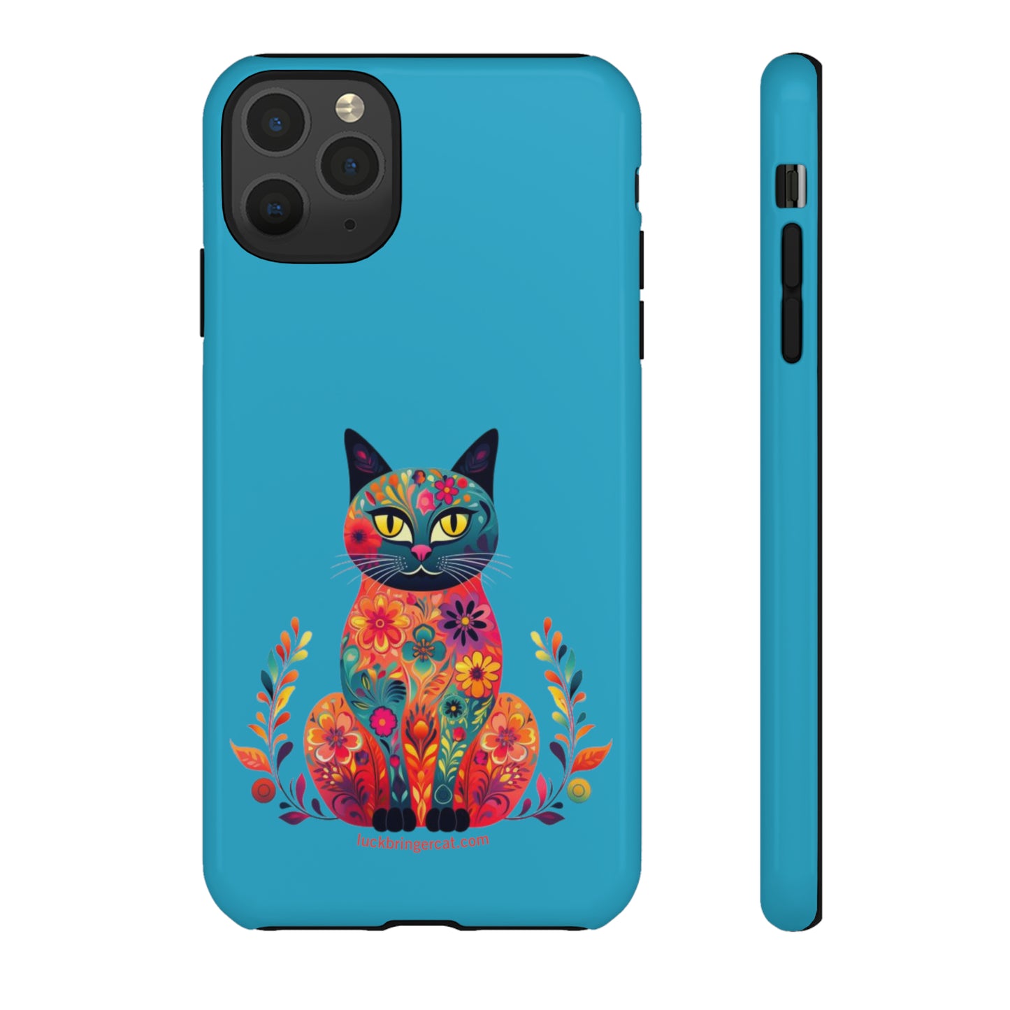 Phone Case for Cat Lovers- iPhone, Samsung Galaxy, Google Pixel- Colorful Floral Cat-Turquoise-Graphic