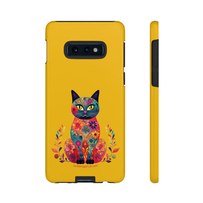 Phone Case for Cat Lovers- iPhone, Samsung Galaxy, Google Pixel- Colorful Floral Cat-Yellow-Graphic