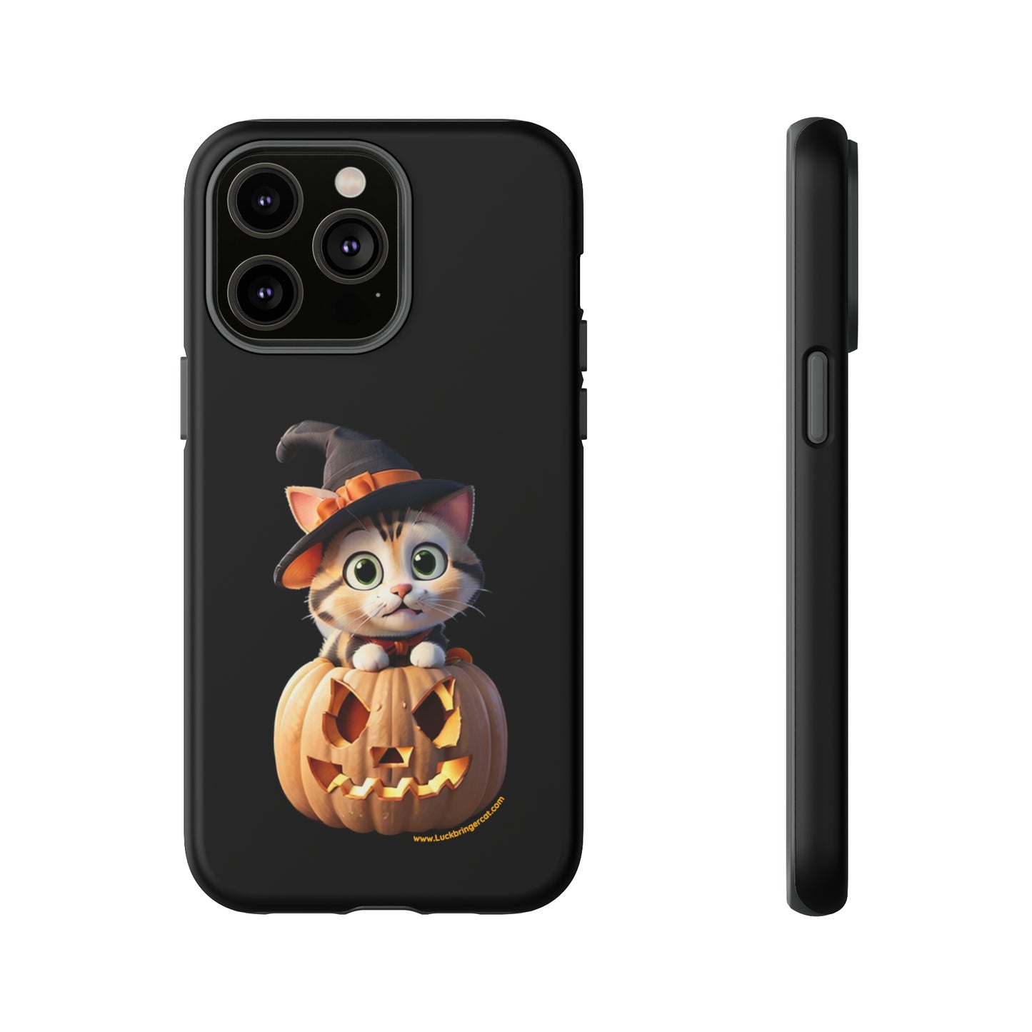 Premium-quality tough protective phone cases for iPhone and Samsung - Halloween Pumpkin Cat - Black