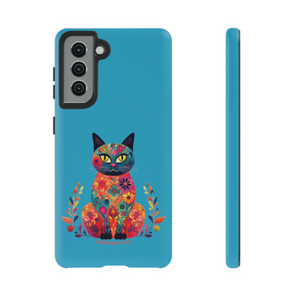 Phone Case for Cat Lovers- iPhone, Samsung Galaxy, Google Pixel- Colorful Floral Cat-Turquoise-Graphic