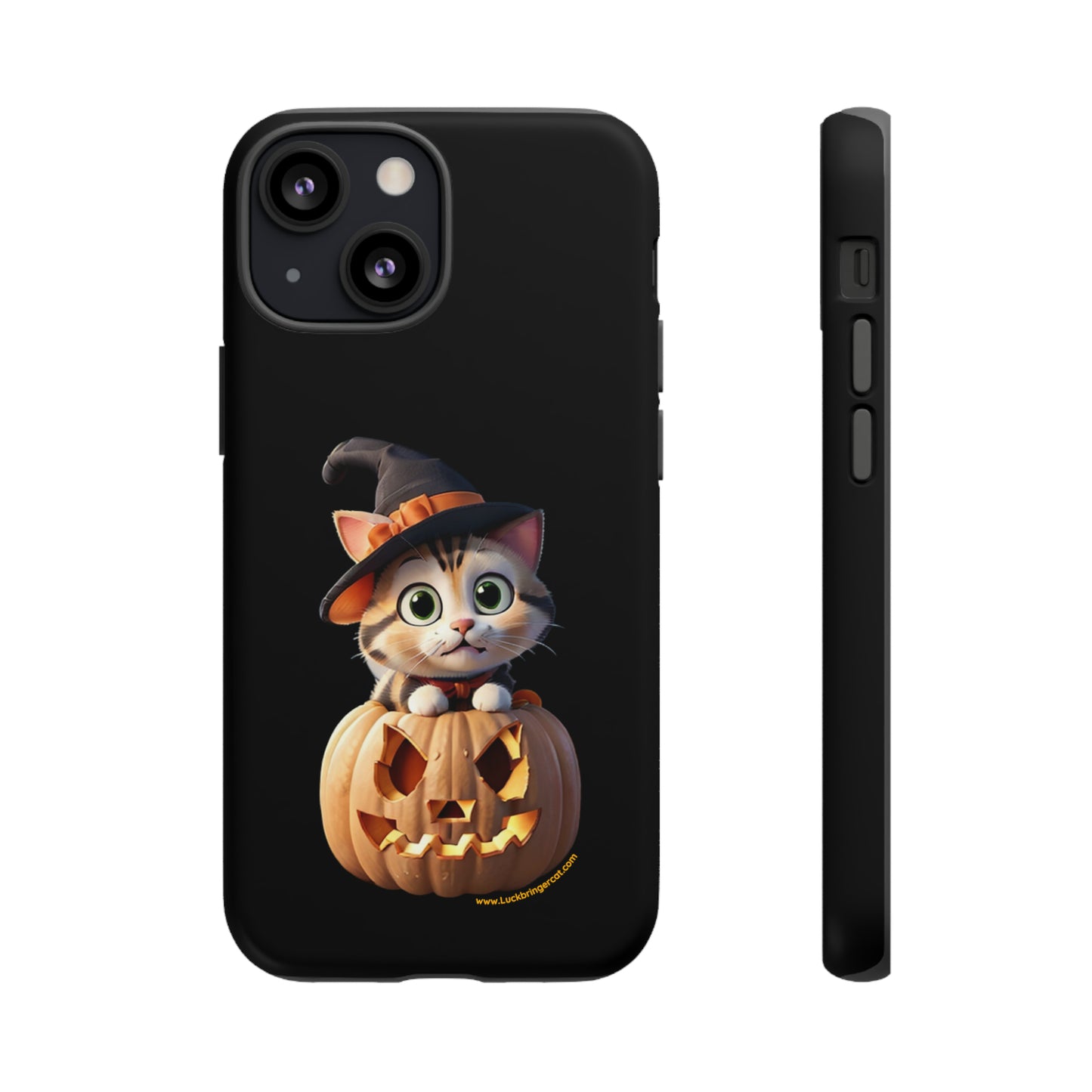 Premium-quality tough protective phone cases for iPhone and Samsung - Halloween Pumpkin Cat - Black