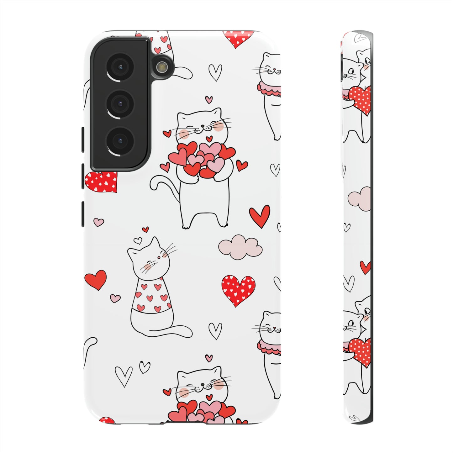 Premium-quality tough protective phone cases for iPhone, Samsung and Google - White With Cute Cartoon Cats and Red Hearts