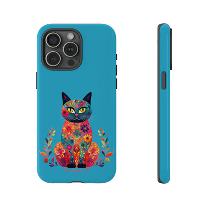 Phone Case for Cat Lovers- iPhone, Samsung Galaxy, Google Pixel- Colorful Floral Cat-Turquoise-Graphic