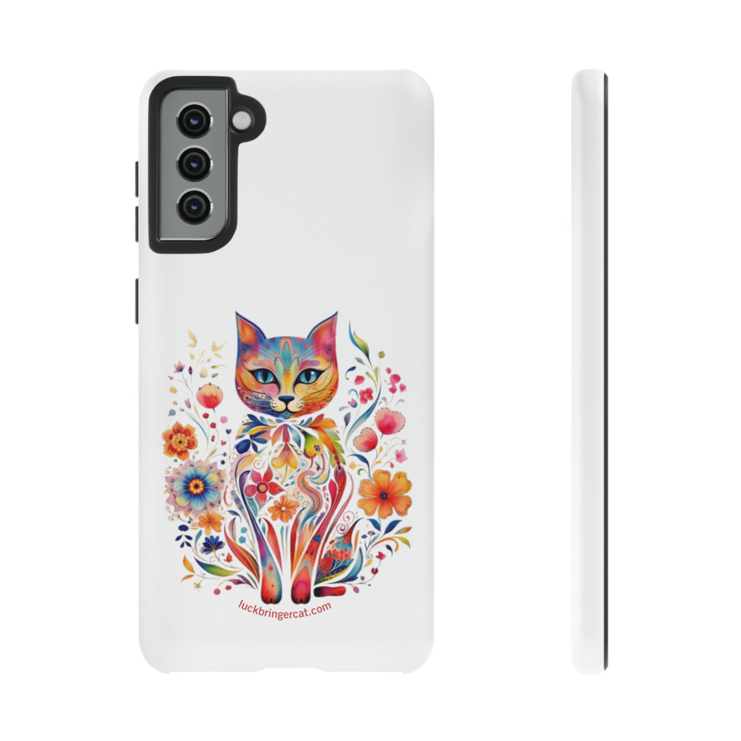 Phone Case for Cat and Flower Lovers- iPhone, Samsung Galaxy, Google Pixel- Colorful Floral Cat-White